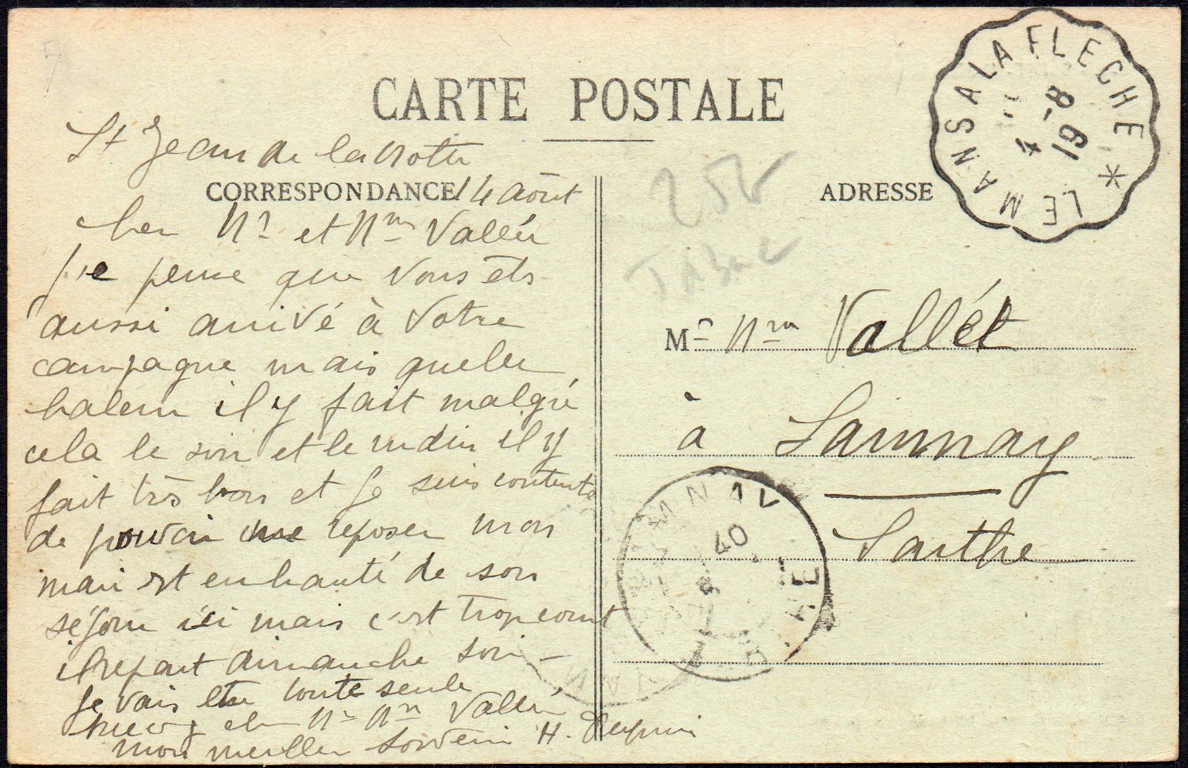 Tramway cancellations of La Sarthe : Courrier-Convoyeur-Ligne Le Mans � La Flèche : Postcard of St-Jean-de-la-Motte  1919